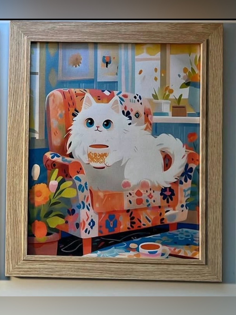 Whimsical White Cat on Floral Armchair Framed 8x10 Wall Art